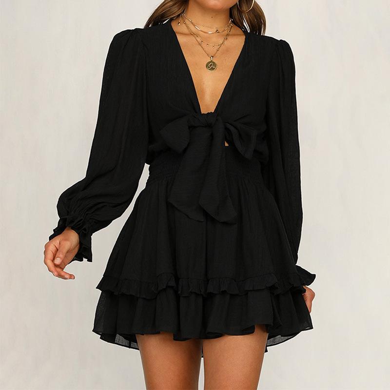 Spring & Autumn V-Neck Long Bubble Sleeve Lace-up Ruffle Dress