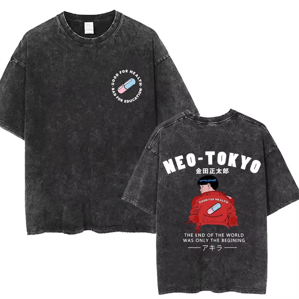 2026 Summer Fashion Trendy Tee Washed Retro Japanese Anime Akira Print Cotton Men Woment Tshirt Y2k Hip Hop Streetwear Tshirt