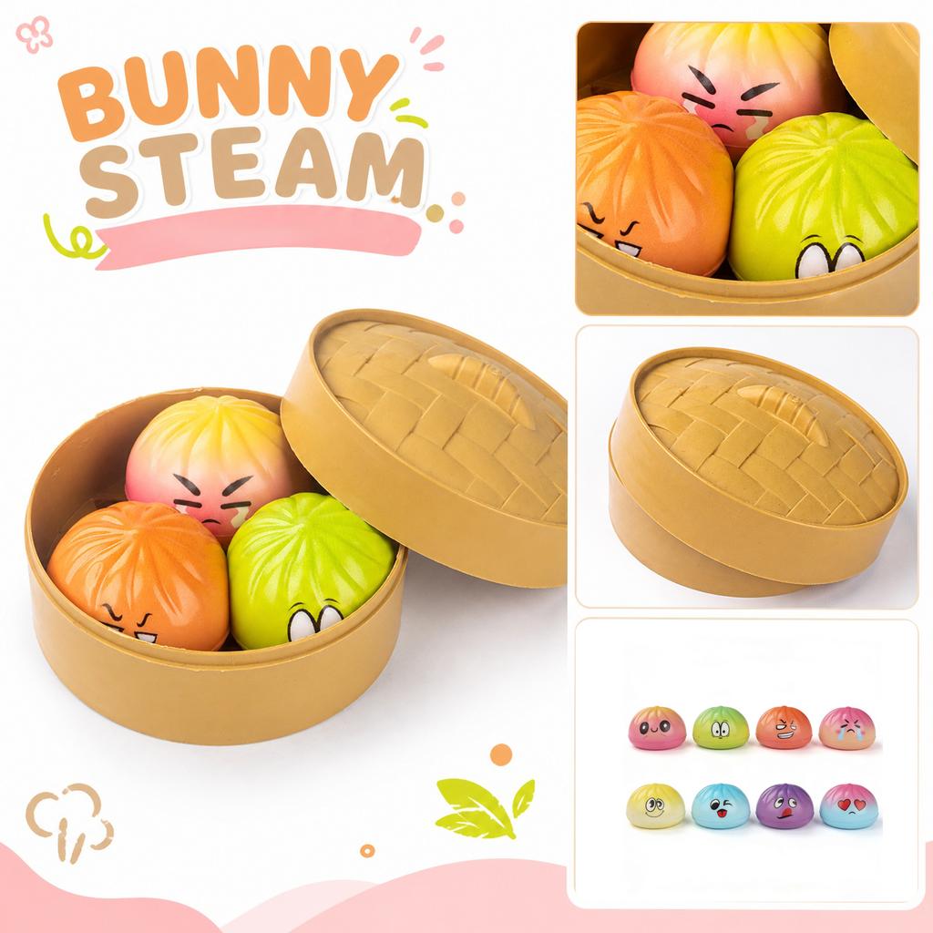 Squishy Bun Toy Set 3 Pieces Random Style Soft Stress Relief Squeeze Toy with Steamer Basket Container for Sensory Play and Collectible