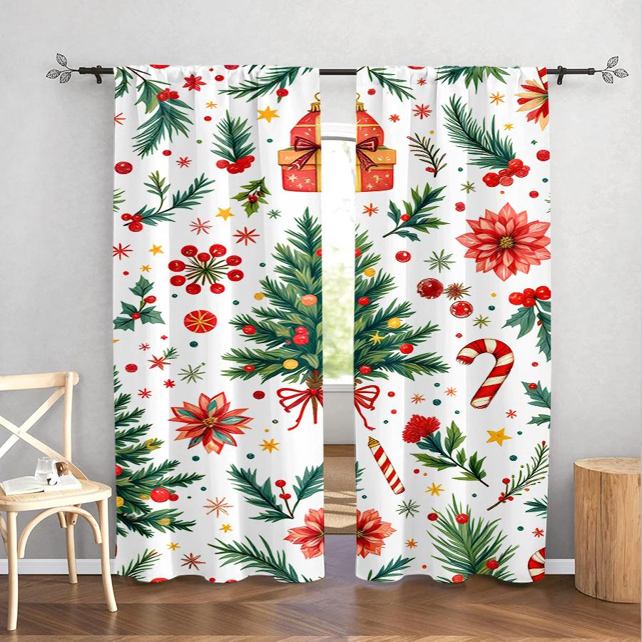 2pcs Festive Christmas Pattern Curtain  Polyester Holiday Window Decor  Winter Berry Gold Curtains  Home Decor Rod Pocket Curtains.