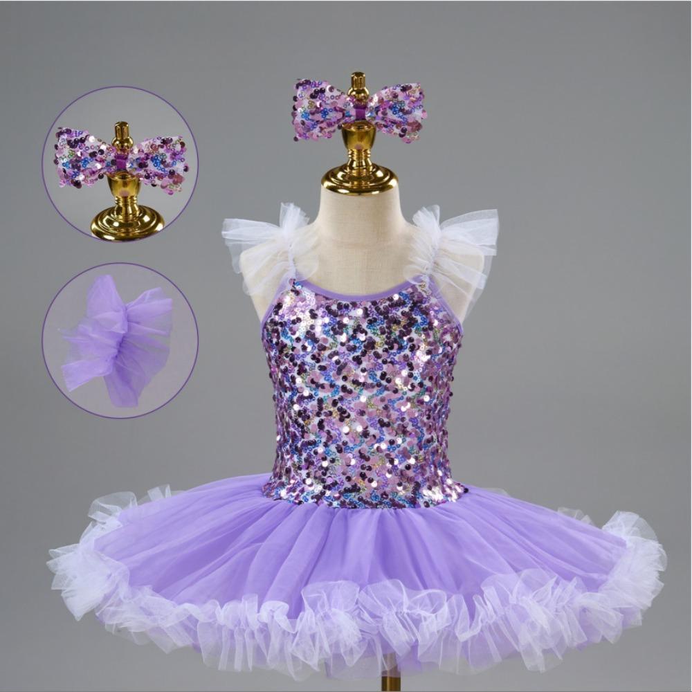 Fashion Sequin Ballet Dress with Headwear Modern Ballet Tutu Party Dress Puffy Princess Dress Girls 130CM фиолетовый