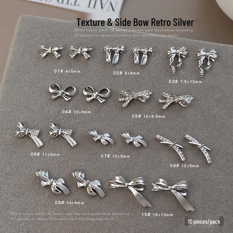 

3D Retro Silver Bow Nail Art Accessories - 2025 Wearable Alloy Diamond Embellishments