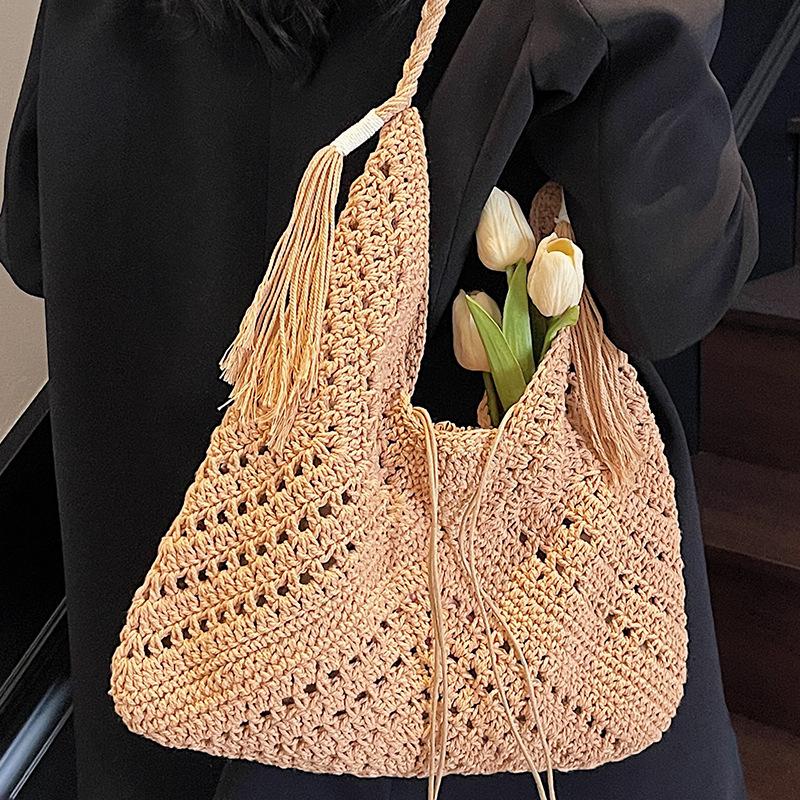 Large-capacity Woven Edge-bound Beach Bag with Shoulder Strap Tote Bag