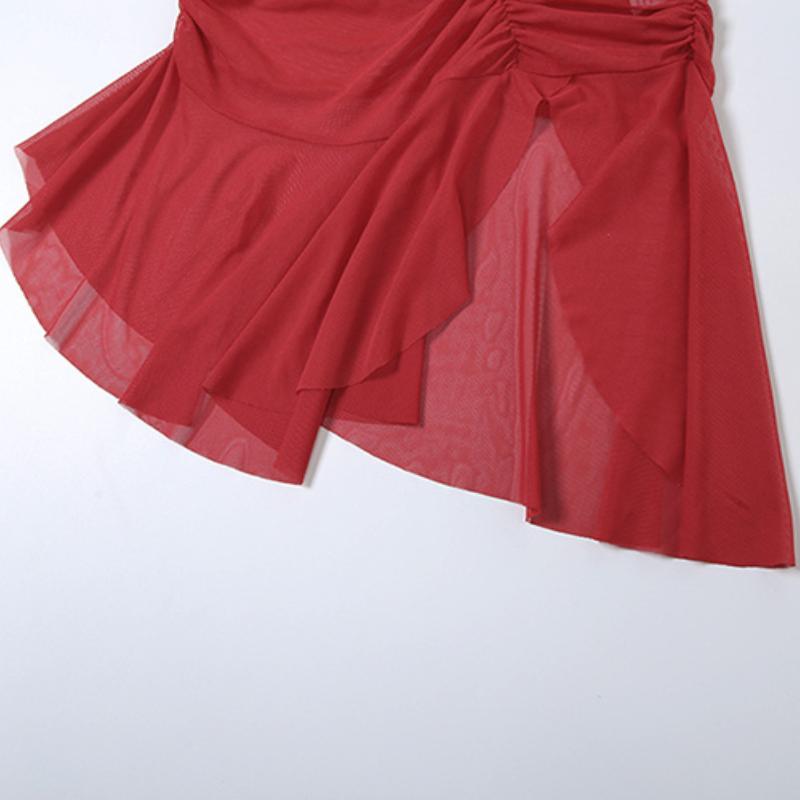 Weird Mesh Ruffles Women New Prom Dress Hollow See Through Irregular Side Split Outfit Folds Skinny Sexy Elastic Pretty Mini Midnight Clothing