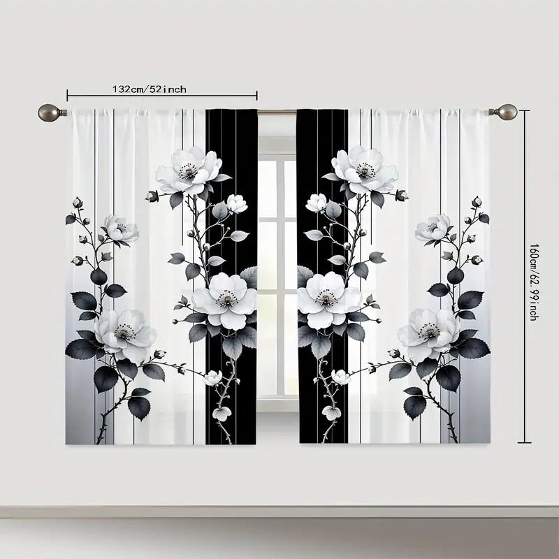 2 Stück florale Vorhänge im schwarz-weißen Stil: geeignet für Schlafzimmer/ täglichen Gebrauch   minimalistischer Stil   transluzenter Gardinenstoff