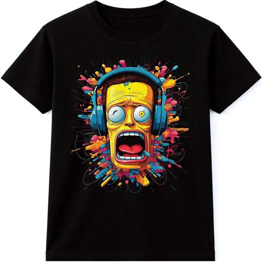 Music T Shirt Headphone Scream Face Graphic Tee Colorful Cartoon Streetwear Top L