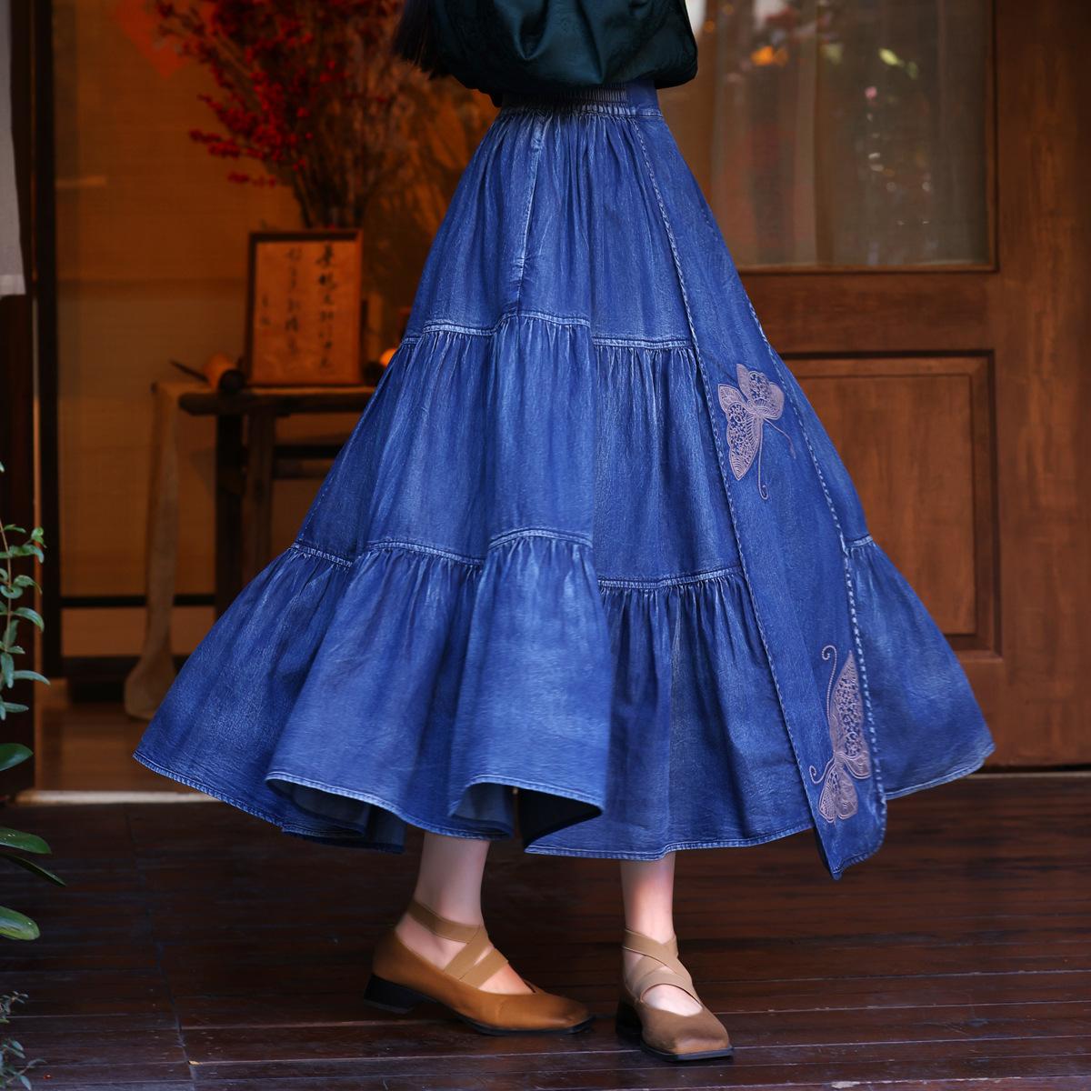 

Johnature женские весенние юбки в китайском стиле с вышивкой бабочкой винтажные повседневные хлопковые юбки в стиле ретро XL синий
