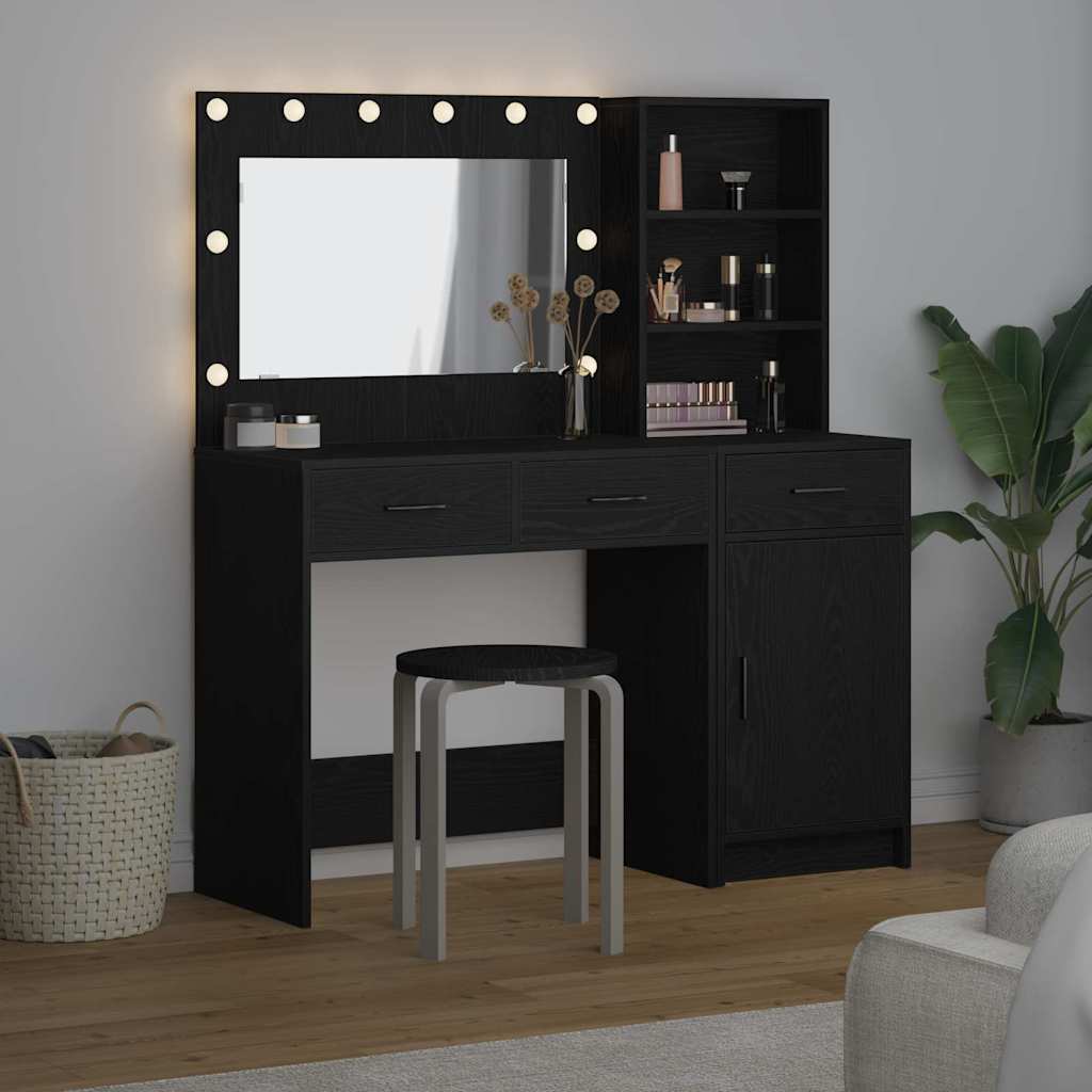 Makeup Table with Mirror Lighting (2 pcs) Black Wood Based Material