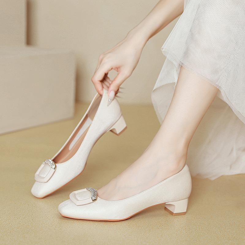 French Low-heeled Shallow-mouth Single Shoes 2025 New Spring and Autumn Huizhou Women's Shoes Soft Leather Square Head Not Tired Feet High Heels