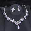 Exquisite 2 Pcs Set Flower Pink AB Crystal Bridal Wedding Jewelry Sets for Women Dangle Earrings and Necklace Sets Blue Green