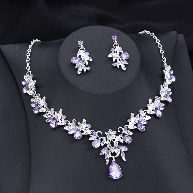 Exquisite 2 Pcs Set Flower Pink AB Crystal Bridal Wedding Jewelry Sets for Women Dangle Earrings and Necklace Sets Blue Green