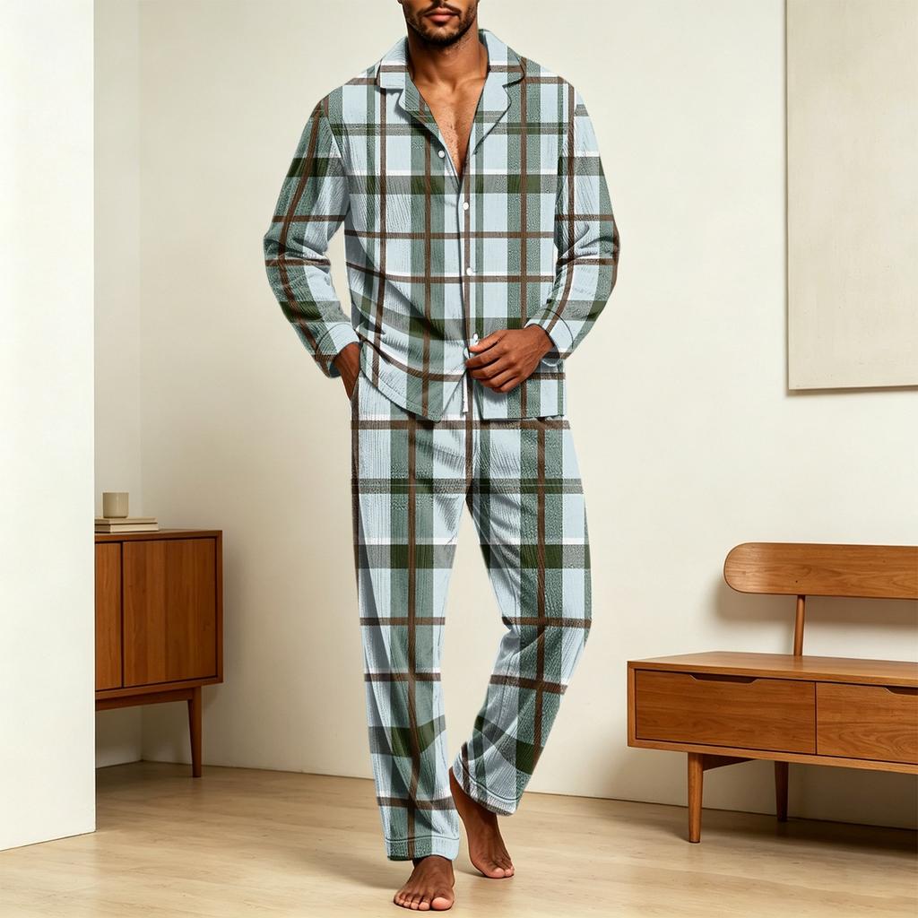 Men's Corduroy Pajama Set - Printed Button Collar Long Sleeve Loose Fit Casual Sleepwear