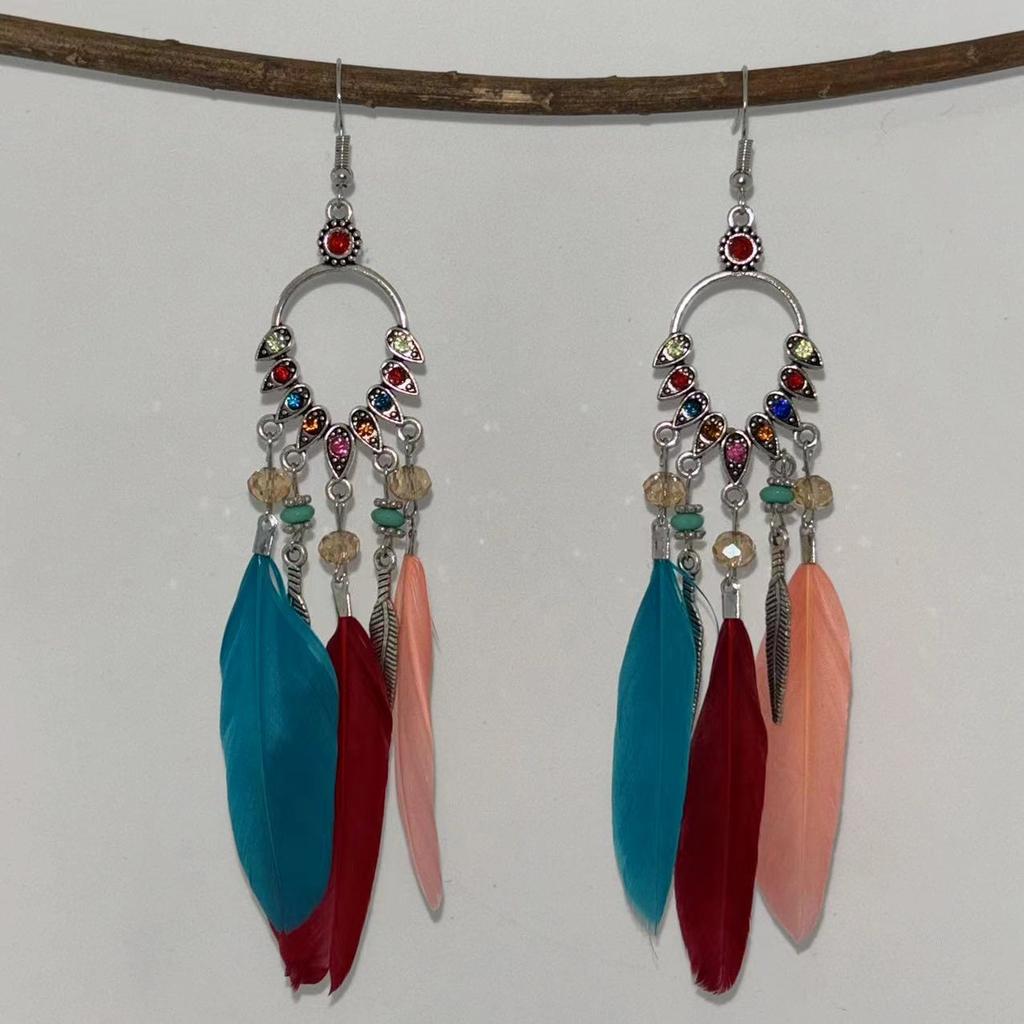 Vintage Bohemian Feather Tassel Earrings Exaggerated Ethnic Vacation Dangle Ear Jewelry Fashion Accessories For Women