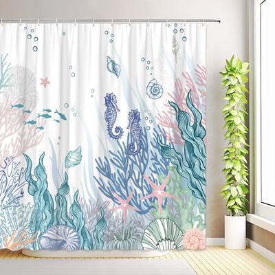 Nautical Coastal Shower Curtain Ocean Beach Seashell Starfish Coral Seahorse Octopus Underwater World Bathroom Decor with Hooks