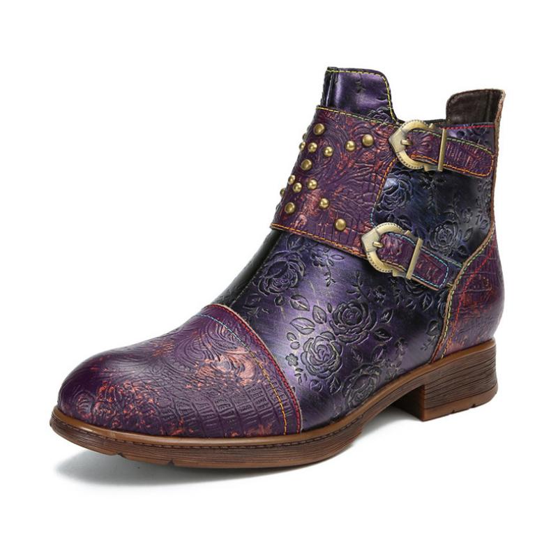 Johnature Buty damskie w stylu vintage, nitowane, ręcznie robione, z prawdziwej skóry, w stylu etnicznym, z klamrą do paska, z wytłoczonymi krótkimi butami