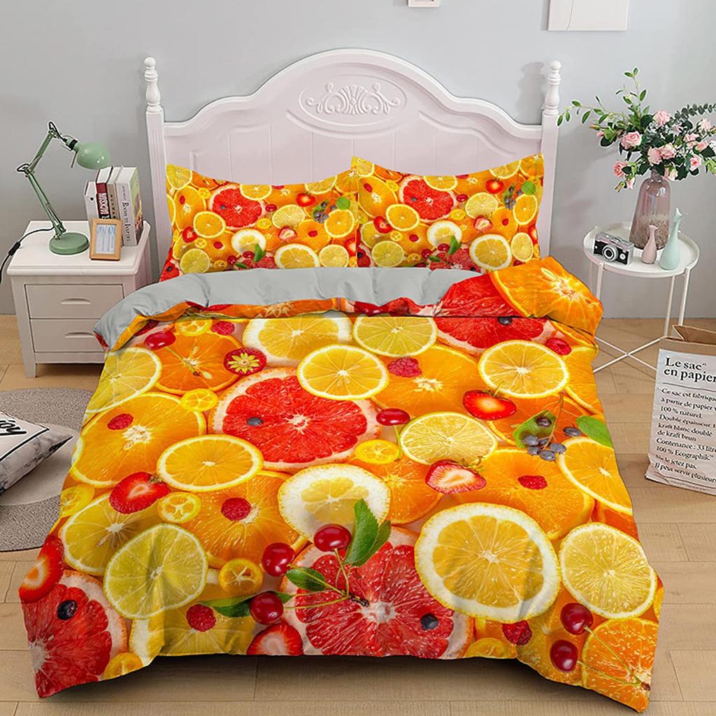 Lemon Duvet Cover Set Fresh Fruits Pattern Polyester Comforter Cover King Queen Twin Full Size For Kids Teens Adults Bedding Set