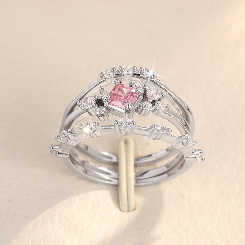 Princess Ring Three-piece Set, Pink Zircon Sweet Ring Girl, Niche Daily Model.