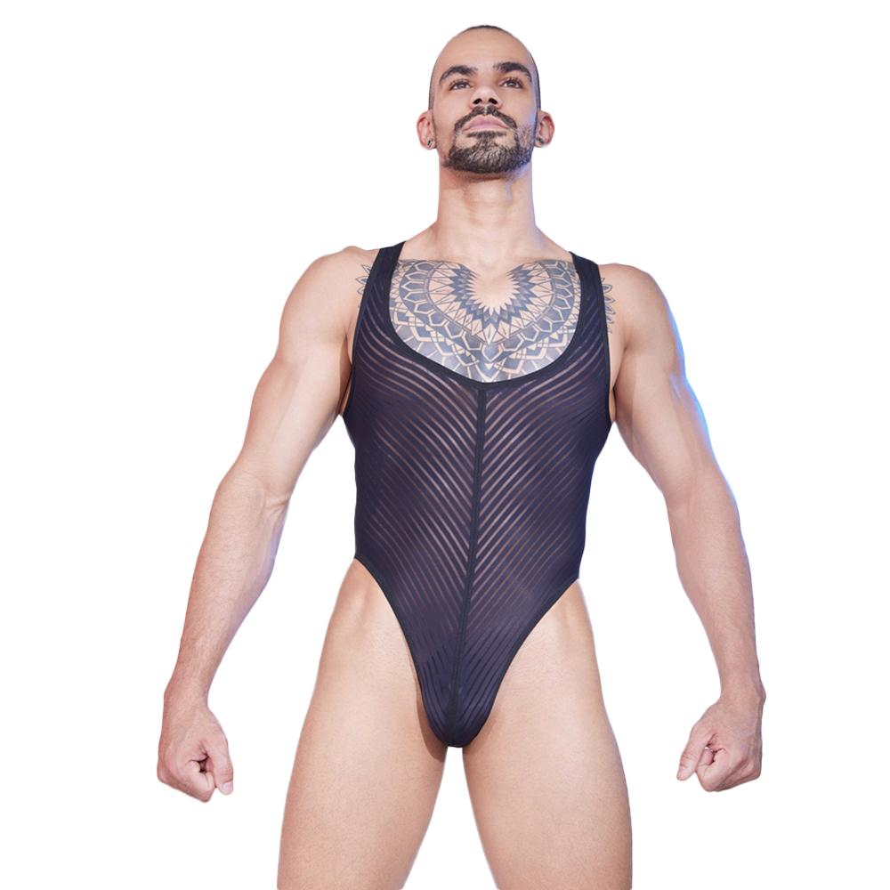 Sexy Men Stripe Patchwork Tank Top Oil Glossy Shiny Vest Sheer See Through Thong Maid Tights Elastic Shaper Bodysuit