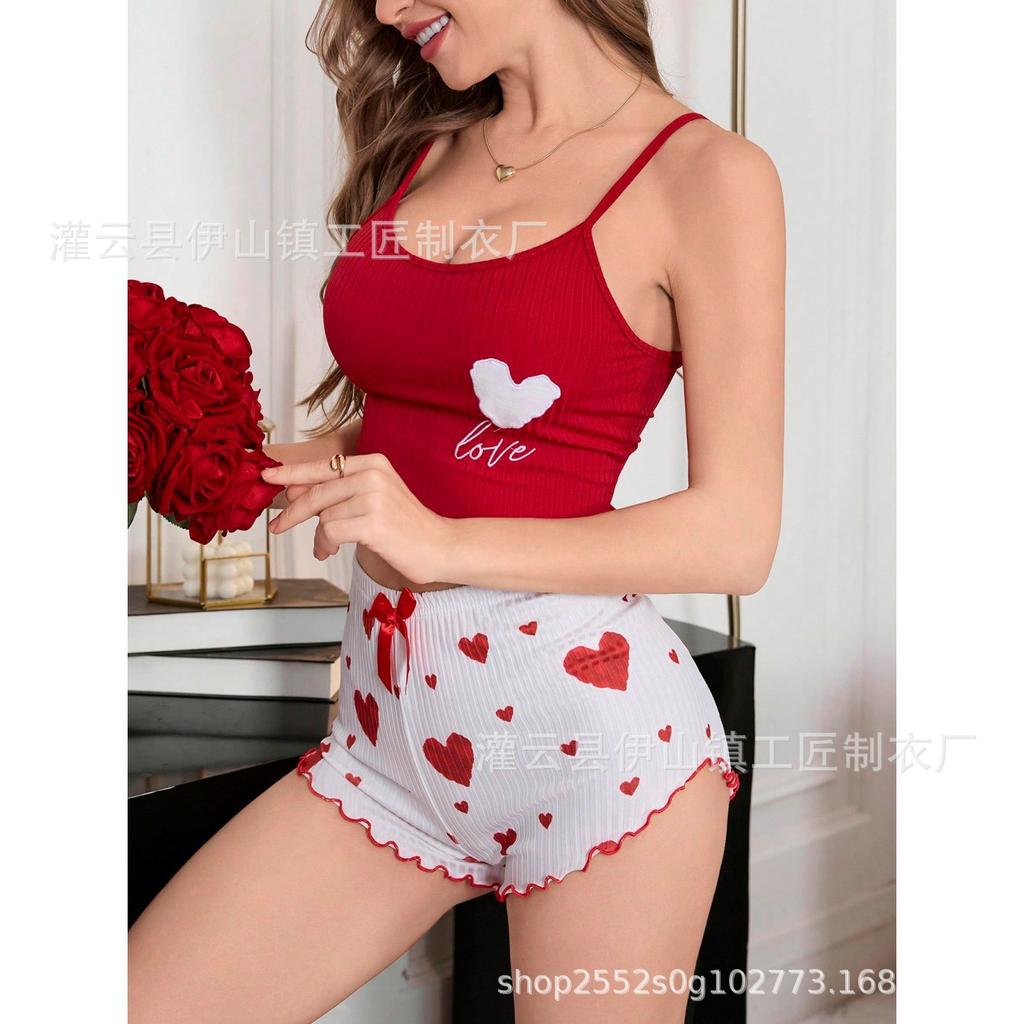 Europe beautiful woman pit strip love print sexy suspender vest shorts loungewear two-piece set