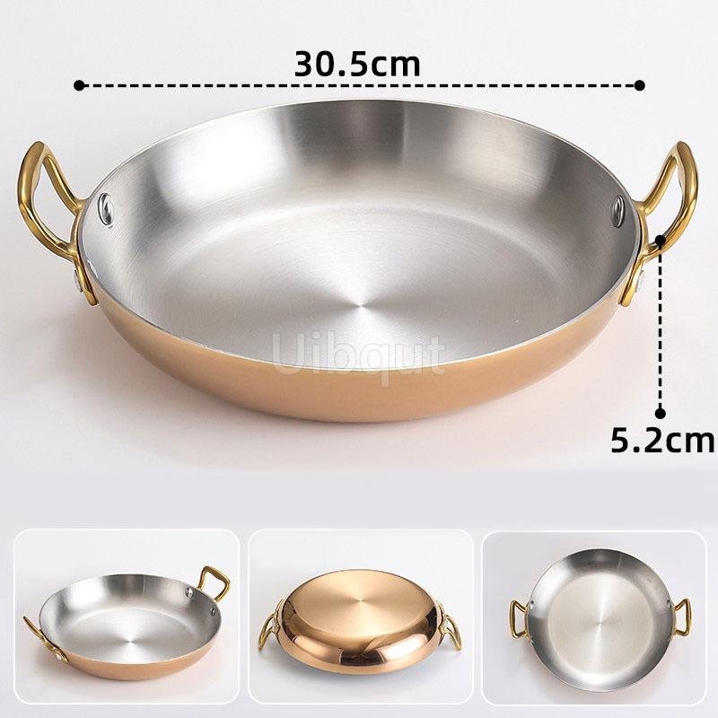 Stainless Steel Spanish Paella Pan Big Double Handle Round Flat Bottom Pan Western Restaurant Fried Chicken Pasta Plate Cookware