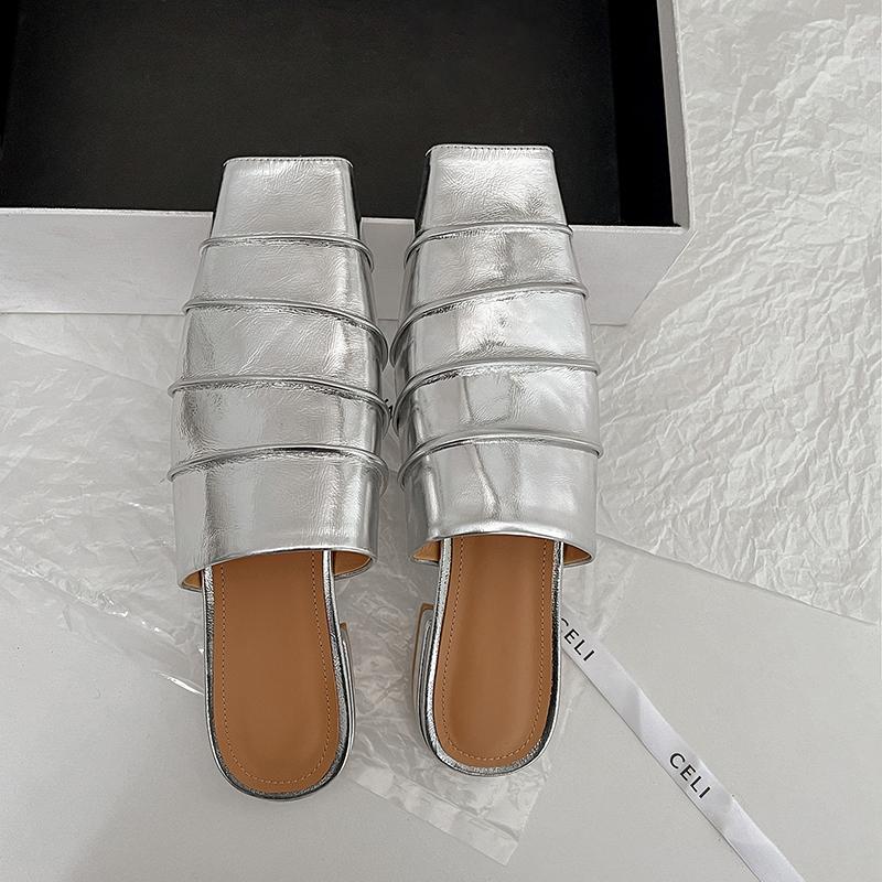 Fashion Women's Genuine Leather Square Toe Slip-on Flats Summer Slippers Soft Comfortable Casual Female Outdoor Mules 2025 New Sandals