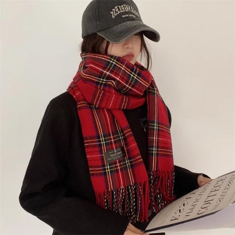 Scarf women's winter new plaid Christmas red student versatile warm thickened scarf shawl advanced sense