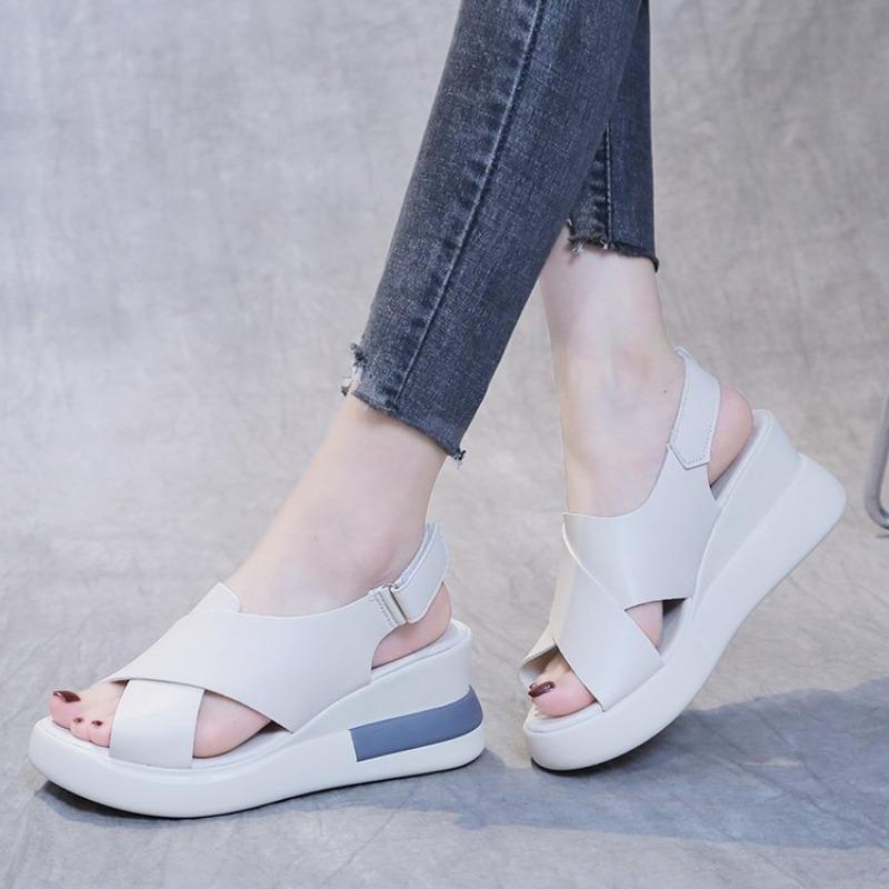 Women Soft Leather Peep Toe Thick Sole Muffin Wedge Sandals