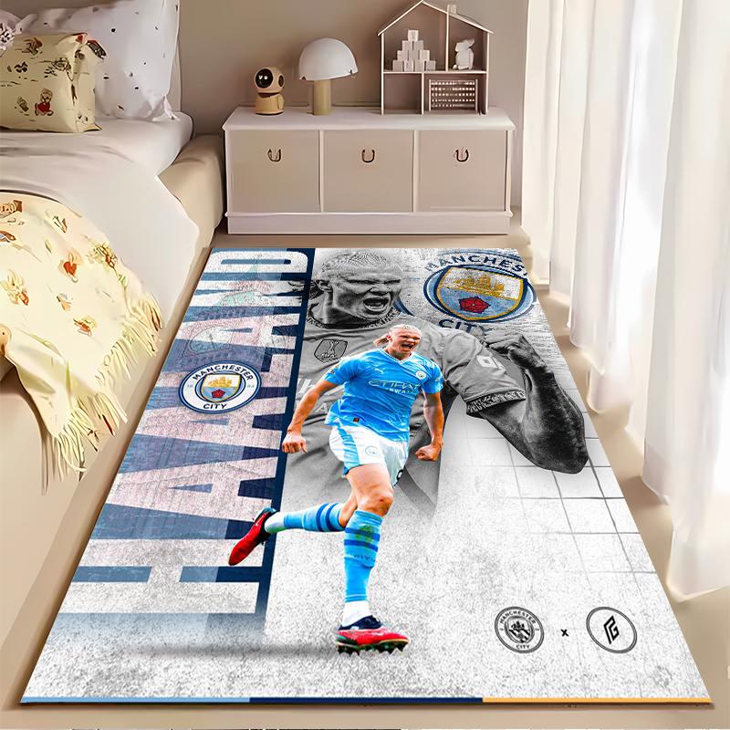 Soccer Star Area Rug, Erling Haaland Manchester City Blue Celebration Print, Football Fan Living Room Decor, Non-Slip Mat
