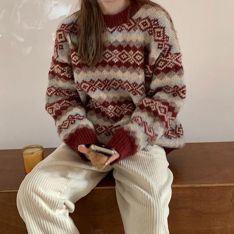 Rødstripete strikket genser for kvinner Japansk retrogenser Dame Høst Vinter Komfortabel løstsittende genser
