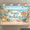 2D planar beach birthday celebration background fabric - Tropical ocean theme, featuring shells, starfish and palm elements