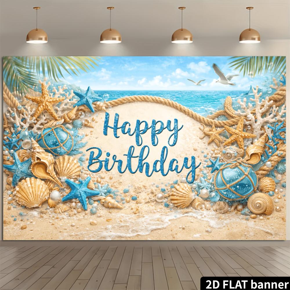 2D planar beach birthday celebration background fabric - Tropical ocean theme, featuring shells, starfish and palm elements