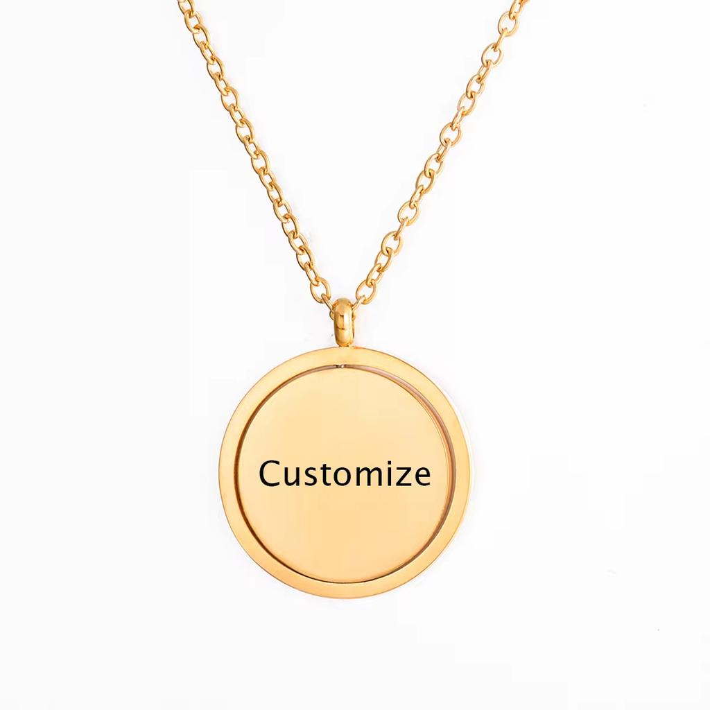 25mm Stainless Steel Rotatable Round Necklaces Customized Name or Logo Metal Charm Statement Mirror Polished Jewelry Gift