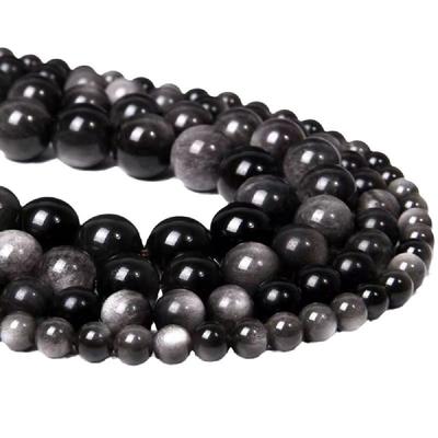 Glänsande Silver Obsidian Sten Naturliga Runda Pärlor 15"Sträng Släta Lösa Mellanläggspärlor 4/6/8/10/12mm för Smyckestillverkning DIY Armbands Tillbehör