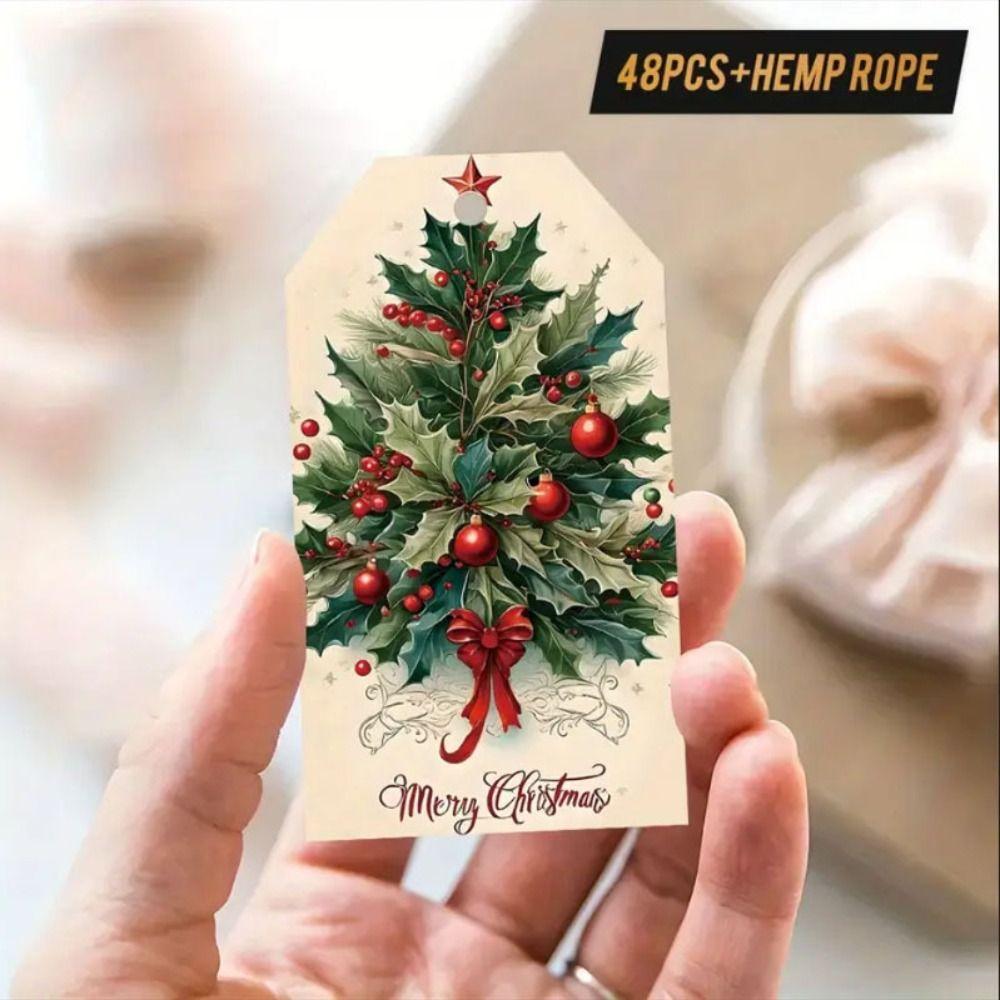 48Pcs with Rope Christmas Gift Tags Santa Claus Elk Christmas Hanging Label Paper Wrapping Paper Hang Tags
