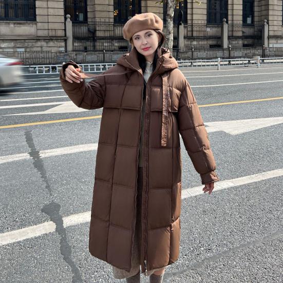 Long Puffer Jacket for Women Winter Warm Hooded Coat with Zip Thickened Long Sleeve Down Coat with Pockets