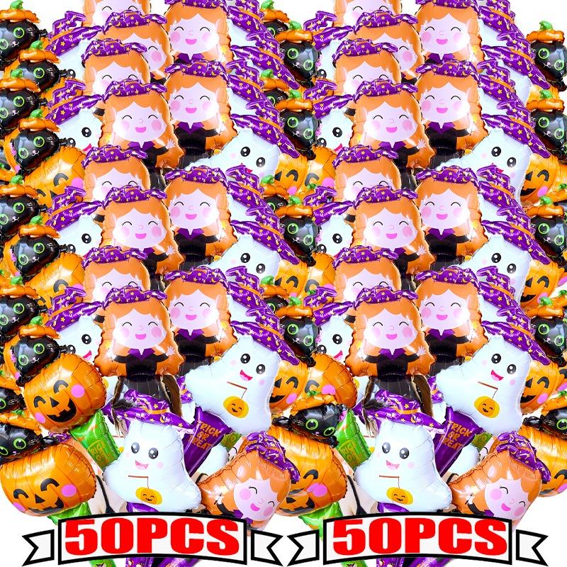 50/10Pcs Cute Balloon Stick Halloween Witch Pumpkin Cat Ghost Balloons Festival Aluminum Film Globos Halloween Decoration Supply