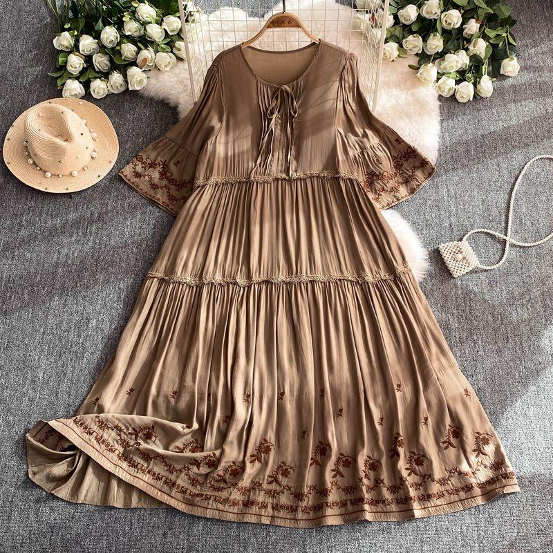 

Юньнань Путешествие Свободный Приталенный Похудение Платье Женское Летнее Этнический Стиль Вышитое Рукава 3/4 Богема Длинное Платье Khaki XL