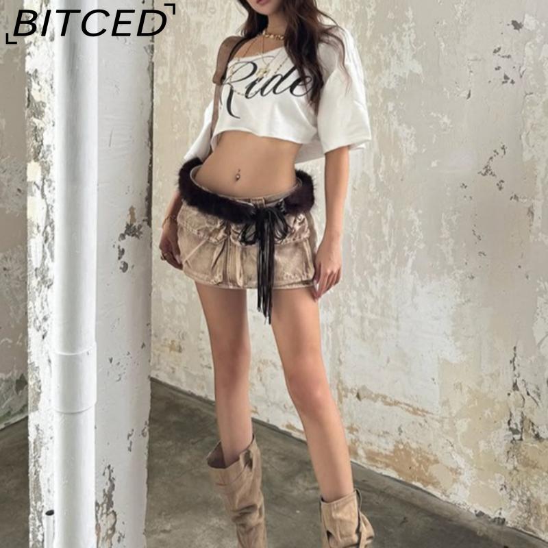 BITCED Spring Women's Solid Color Loose Cropped Top with Fashionable Off-Shoulder Collar and Printed Short Sleeves