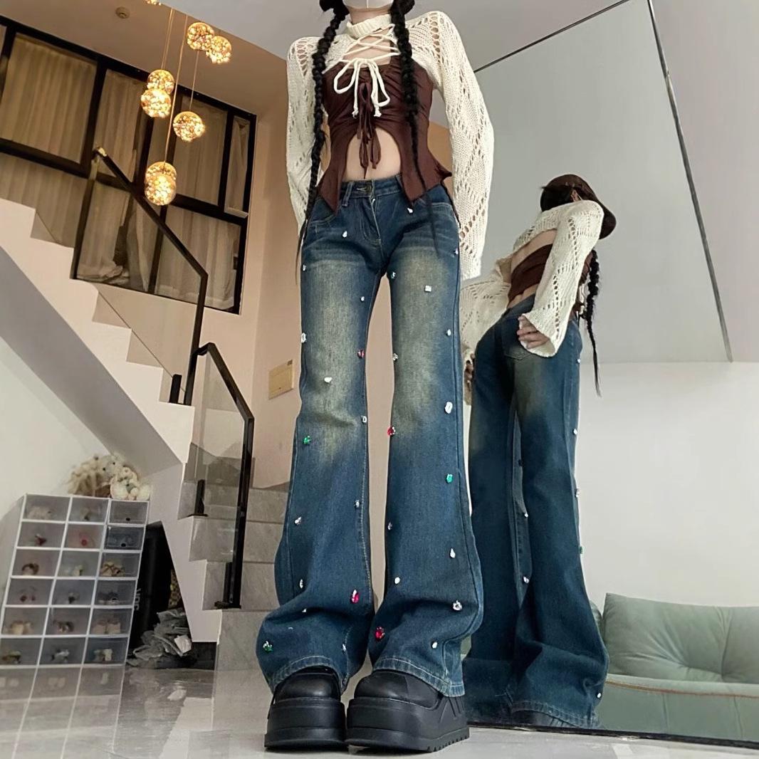 

Women s Low Waist Slimming Retro Flare Jeans with Diamond Design - Casual Straight Leg Pants for Spring and Autumn L