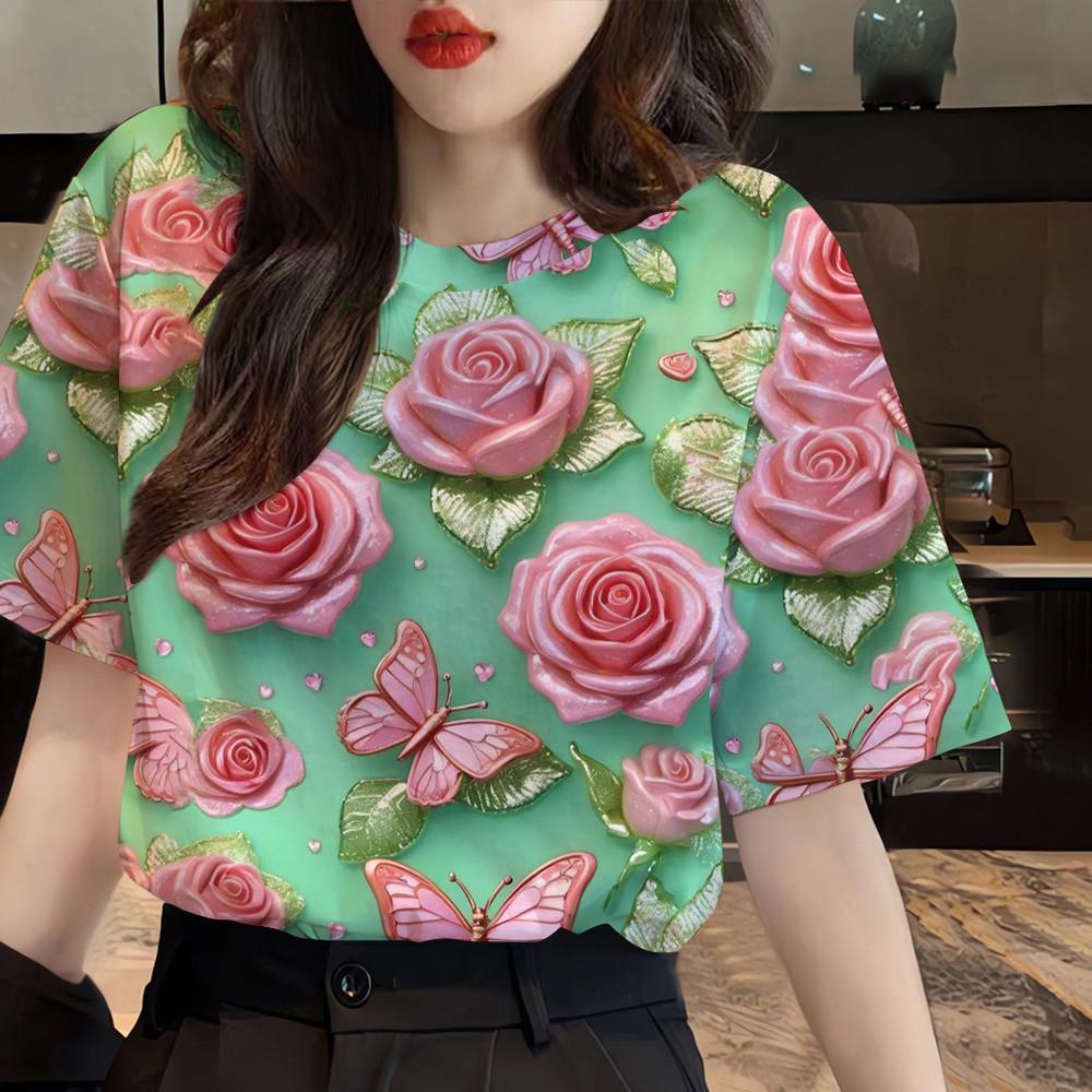 

Women s clothing floral pattern T-shirt top printed T-shirt short sleeved casual T-shirt street wear 5XL