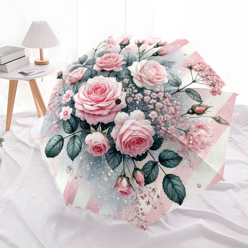 

1pc Pink Rose Bouquet with Striped Background Umbrella with Plastic Handle,Suitable for All Seasons Home Travel Outdoor Umbrellaptys31007