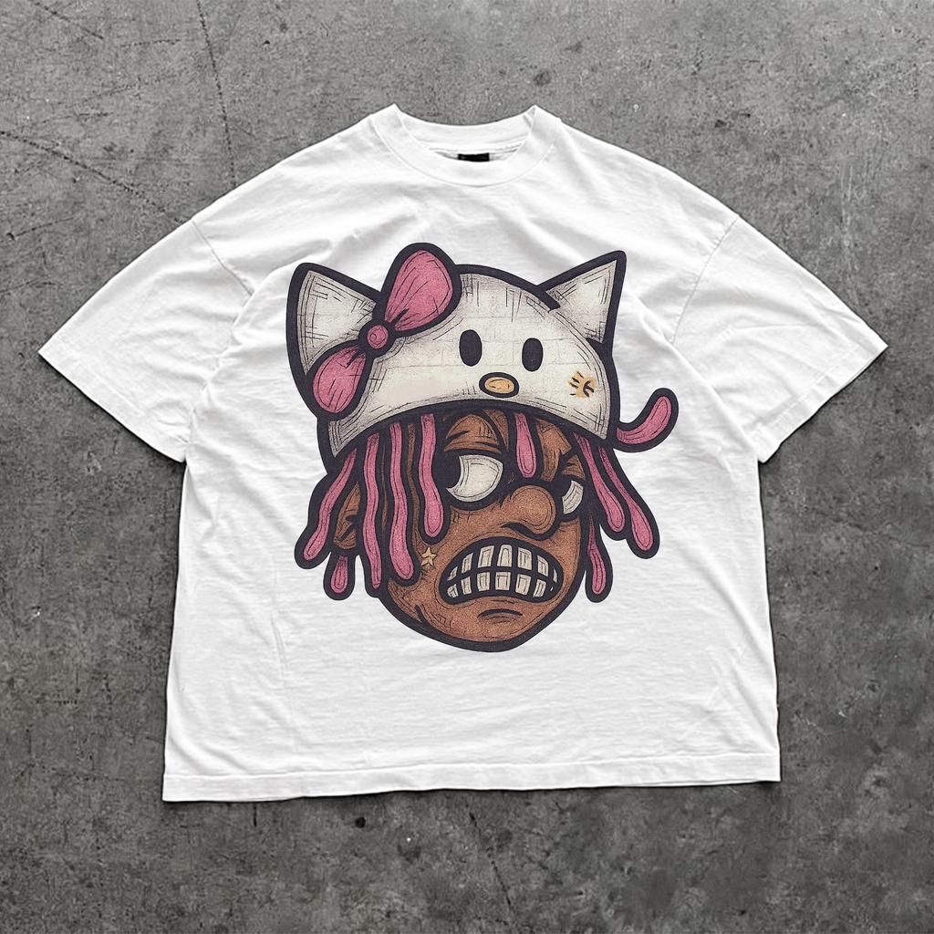 Edgy Hello Kitty Streetwear Shirt | Cartoon Trap Rap Tee | Grunge Anime Oversized Graphic T-Shirt | Urban Hip Hop Y2K Clothing