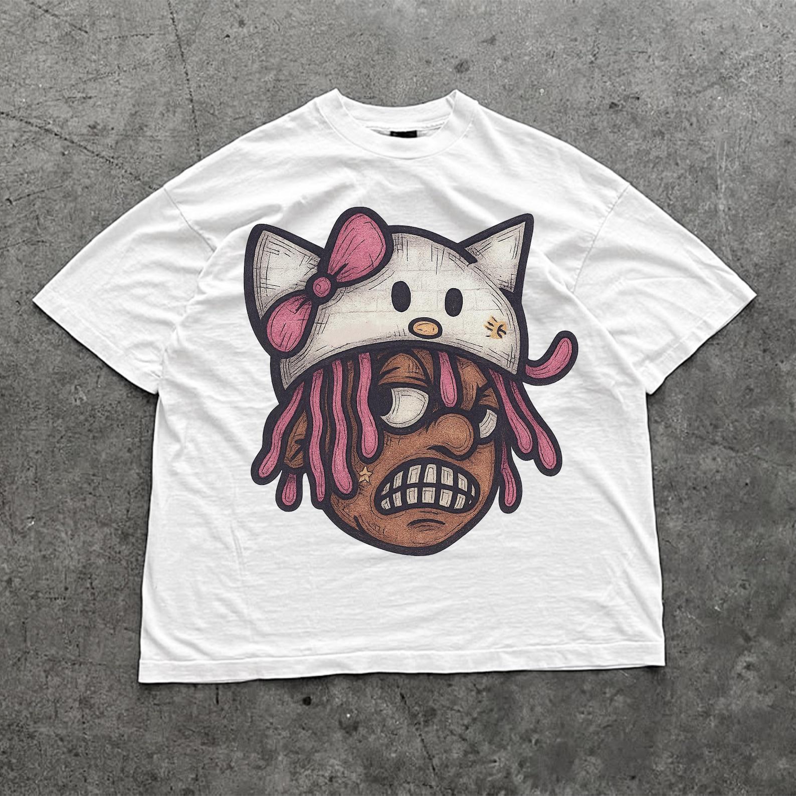Edgy Hello Kitty Streetwear Shirt | Cartoon Trap Rap Tee | Grunge Anime Oversized Graphic T-Shirt | Urban Hip Hop Y2K Clothing L