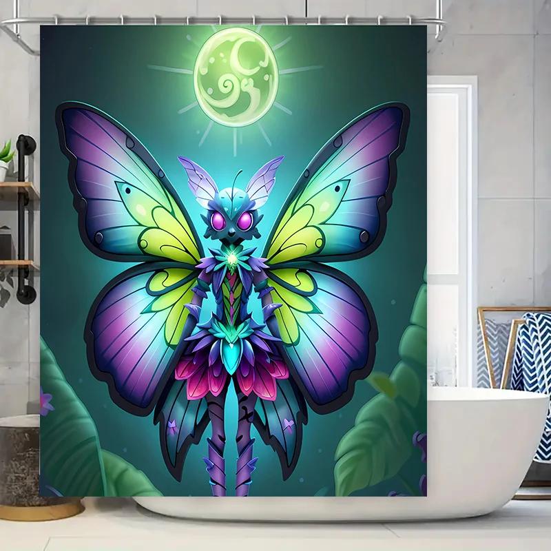 Stylish Fairy Rainbow Butterfly Shower Curtain Waterproof Fabric Bathroom Decor for Kids Girls Room Home Decor Green Moon Blue B
