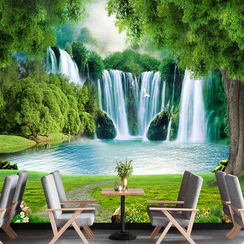 Waterfalls Wallpaper Green Grass Forest Murals Living Room Bedroom Wall Mural Of Waterfall