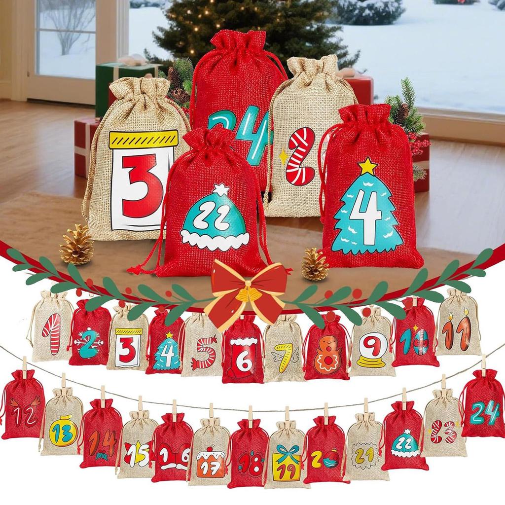 Leere Kalender Adventsbeutel Weihnachten Countdown Wiederverwendbar 24-Tage Leere Kordelzugbeutel Mit Nummern Für Hochzeit Feiertag Geburtstag