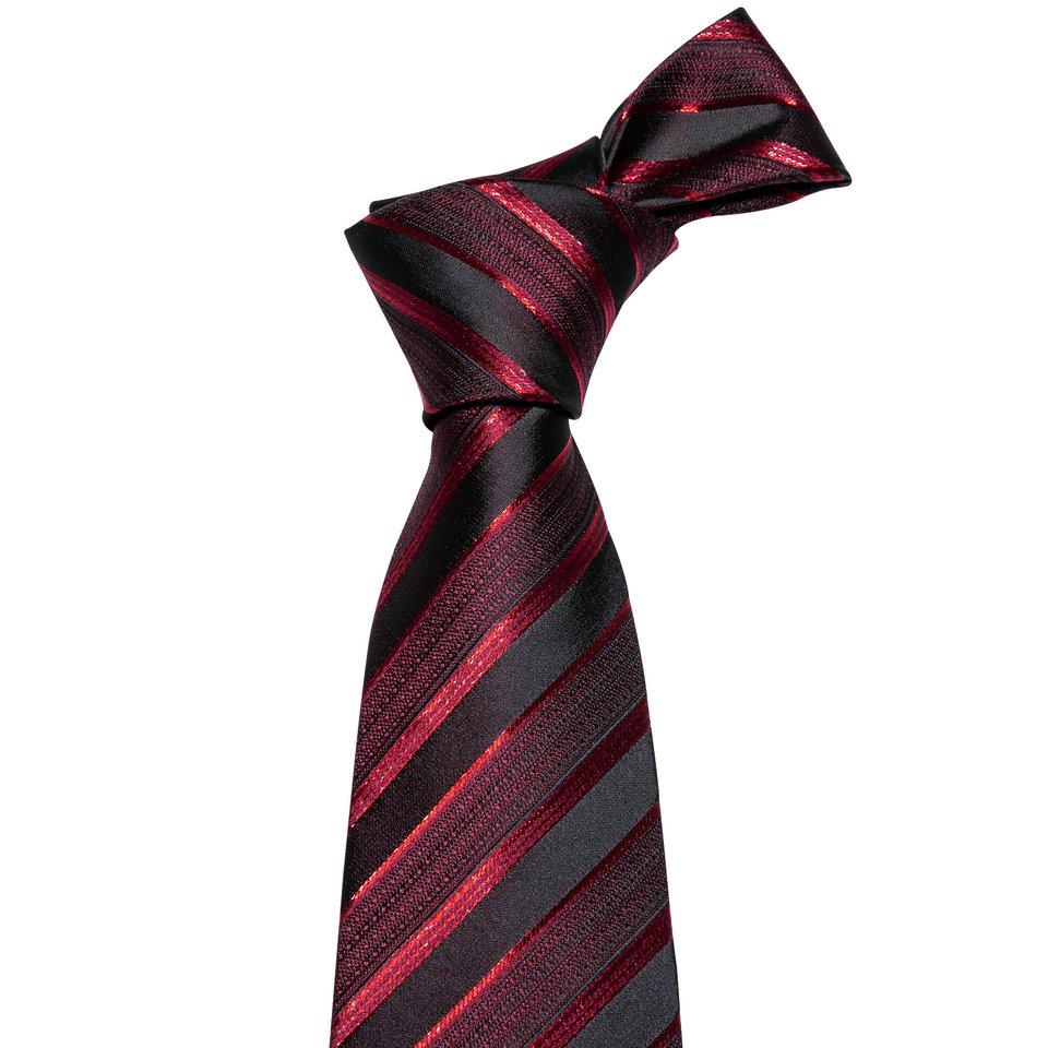 Barry.Wang Ties for Men Necktie Hankerchief Cufflinks Set Burgundy Striped Jacquard Wedding