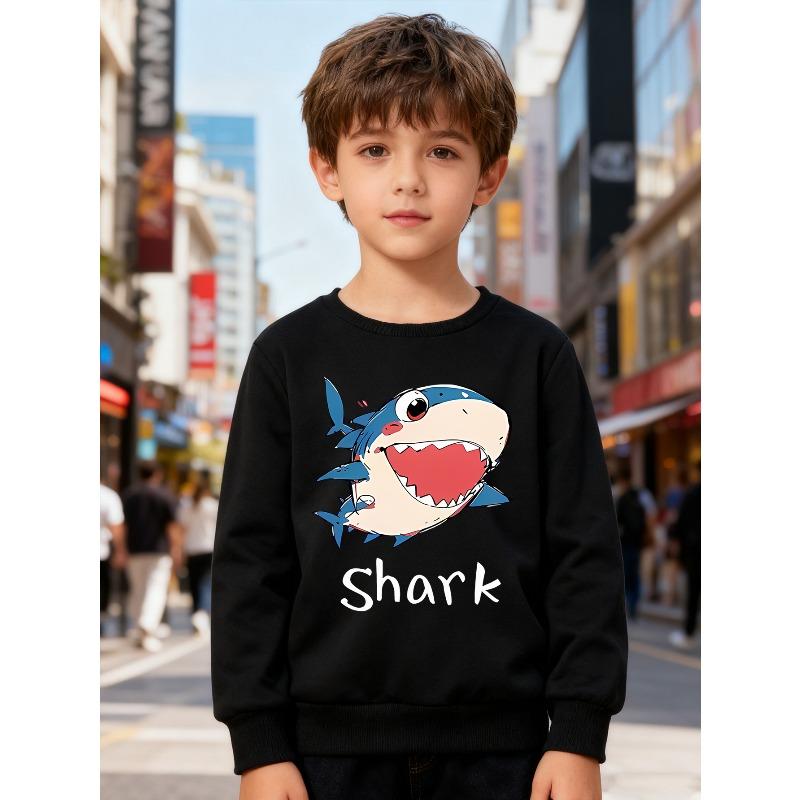 European sizes Kids' Round Neck long Sleeve Tee, Featuring a Cartoon Shark Print, Suitable for Daily Casual Wear And Outdoor Activities