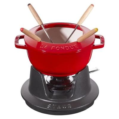 Fondue Set - STAUB - 16 Cm - Cast Iron - Cherry - Includes 4 Forks and Burner