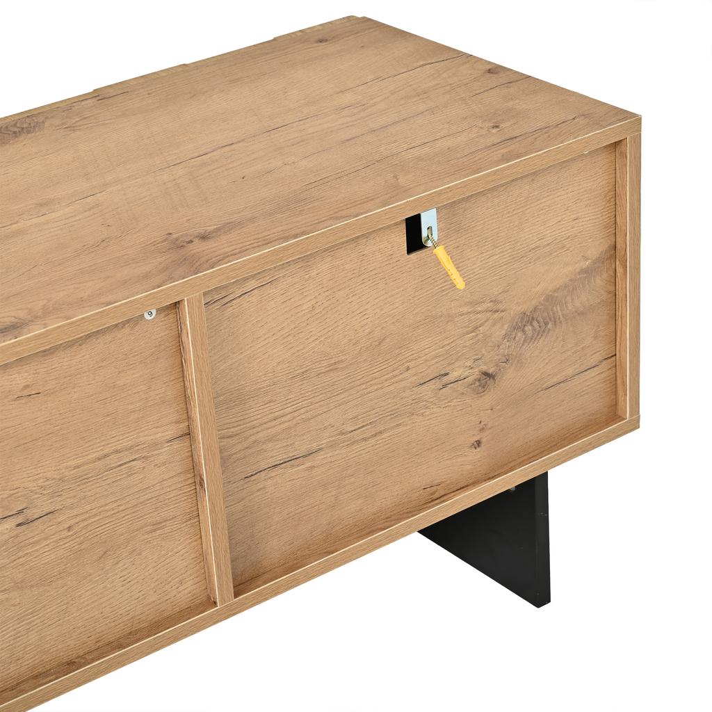 TV cabinet, TV board for TVs up to 75 inches, with lots of storage space, with 4 waffle-grid cabinet doors, natural wood color, 180×38.5×45cm